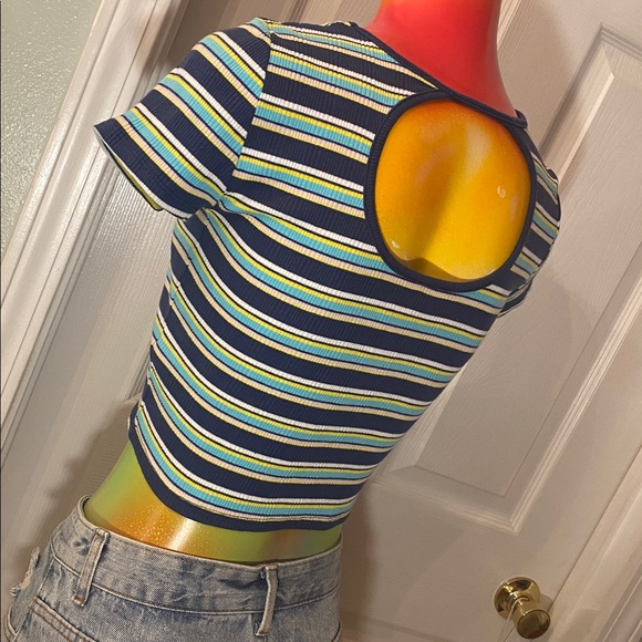 SO Striped Blue and Yellow Ribbed Crop Top - Picture 6 of 9